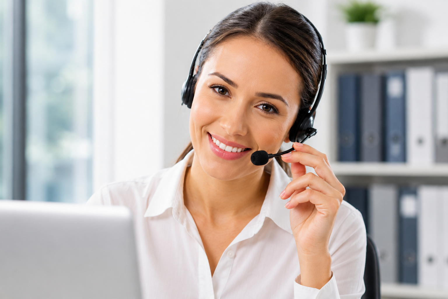 Secretaria corporativa con headset atendiendo una llamada con el nombre de tu empresa