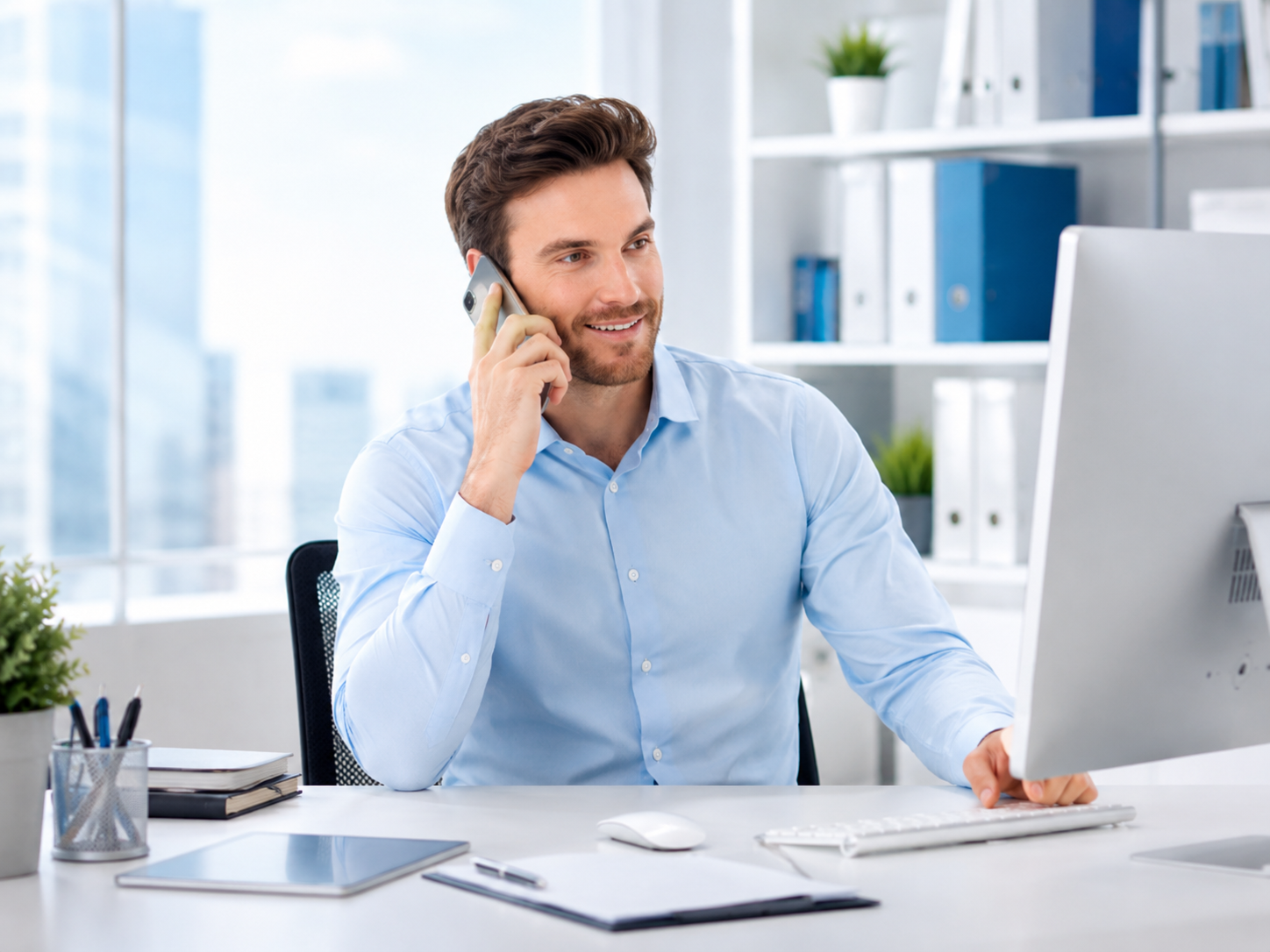 Profesional atendiendo una llamada transferida desde la recepción telefónica de su empresa