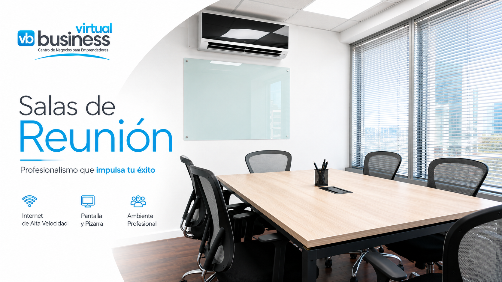 Sala de reunión con pantalla y pizarra